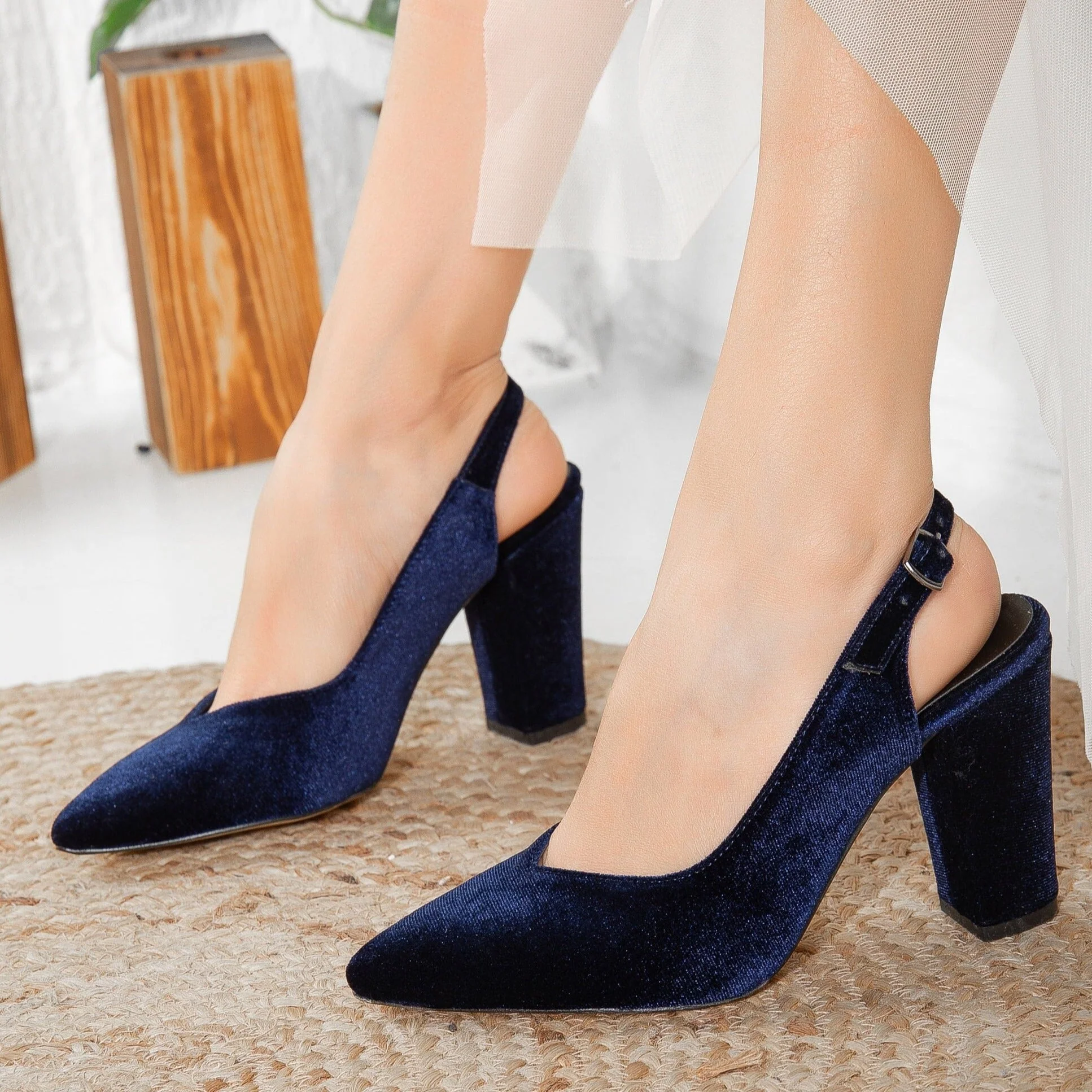 Emma - Dark Blue Velvet Slingback Shoes - Image 3