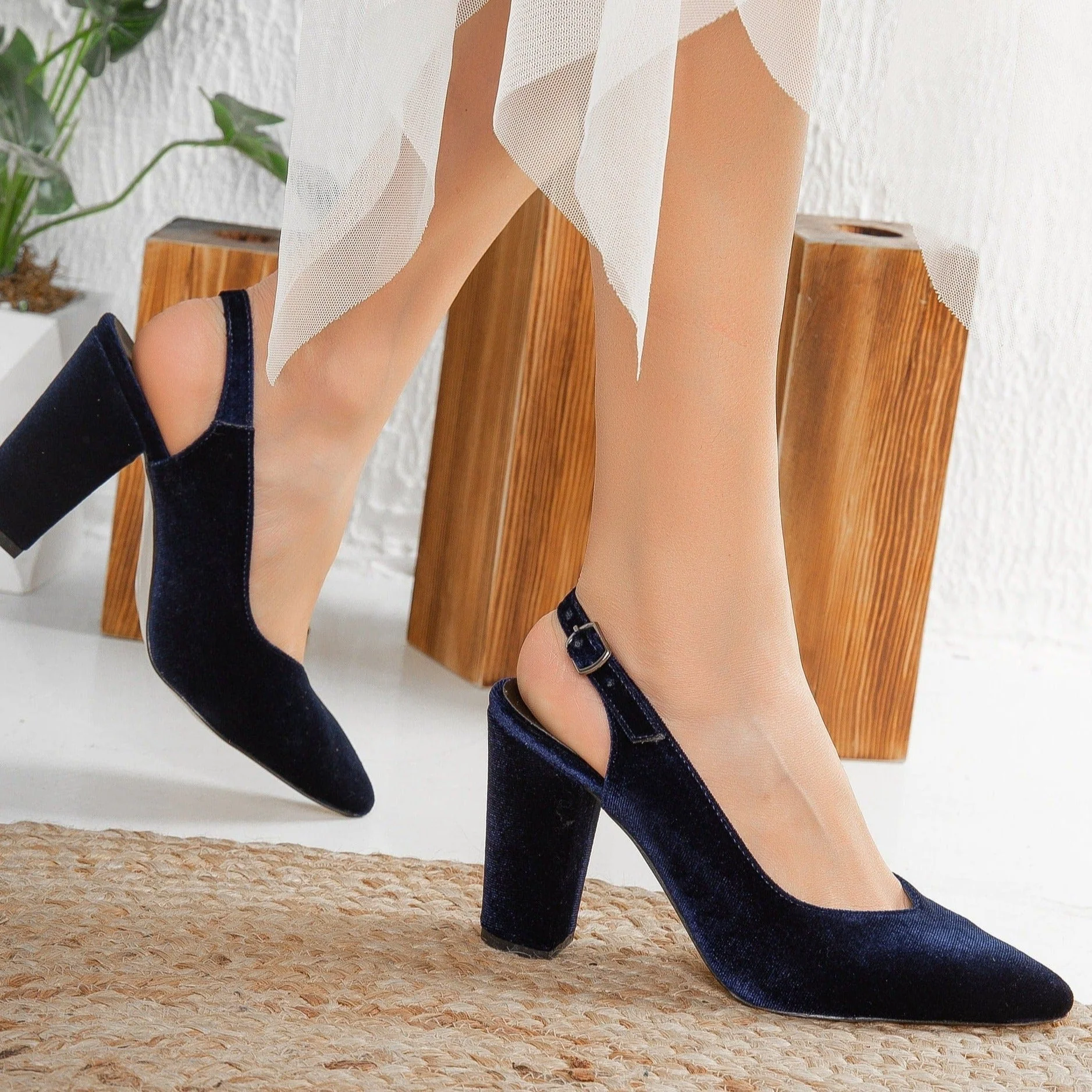 Emma - Dark Blue Velvet Slingback Shoes - Image 4