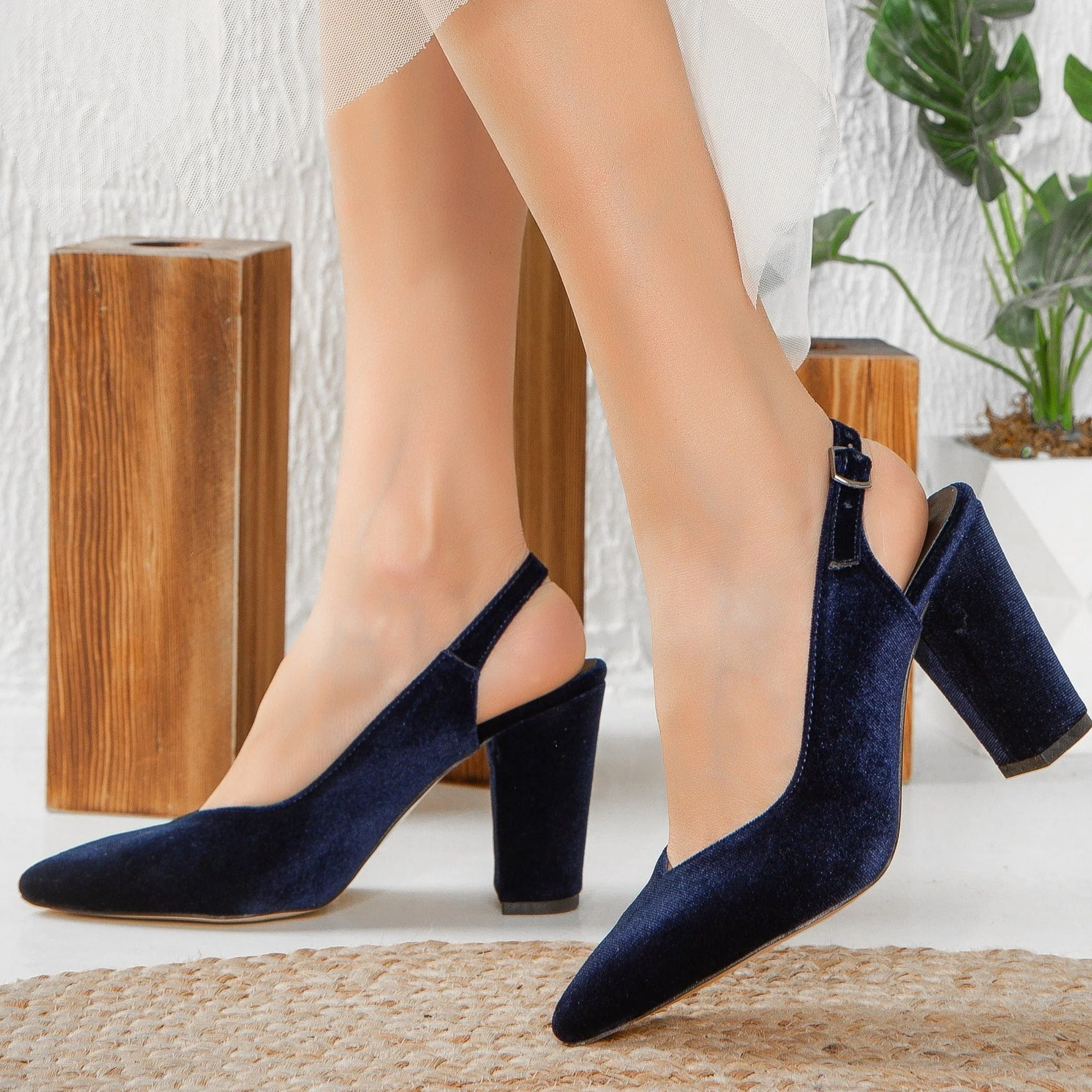 Emma - Dark Blue Velvet Slingback Shoes - Image 5