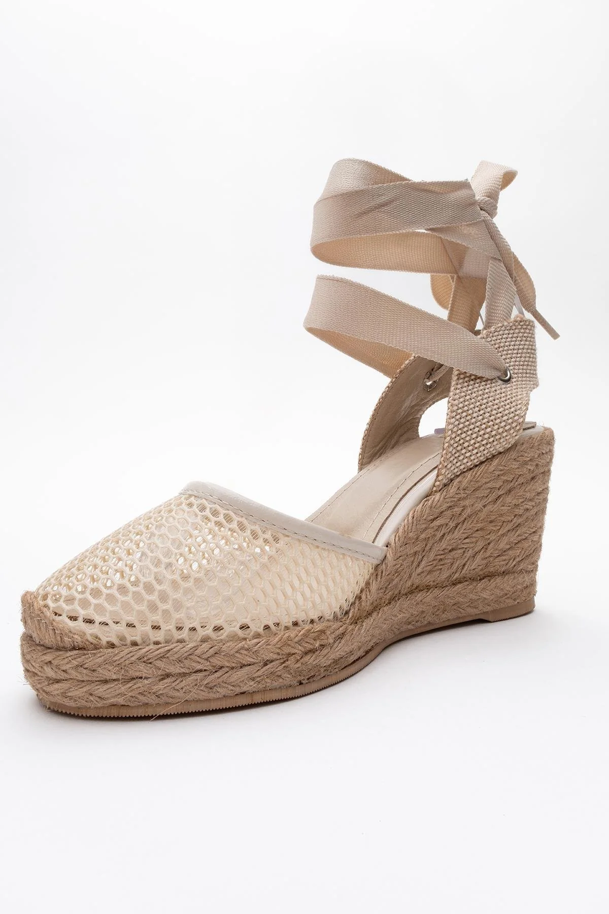 Lions - Beige Mesh Leather Wedge Espadrilles Sandal (Women) - Image 4