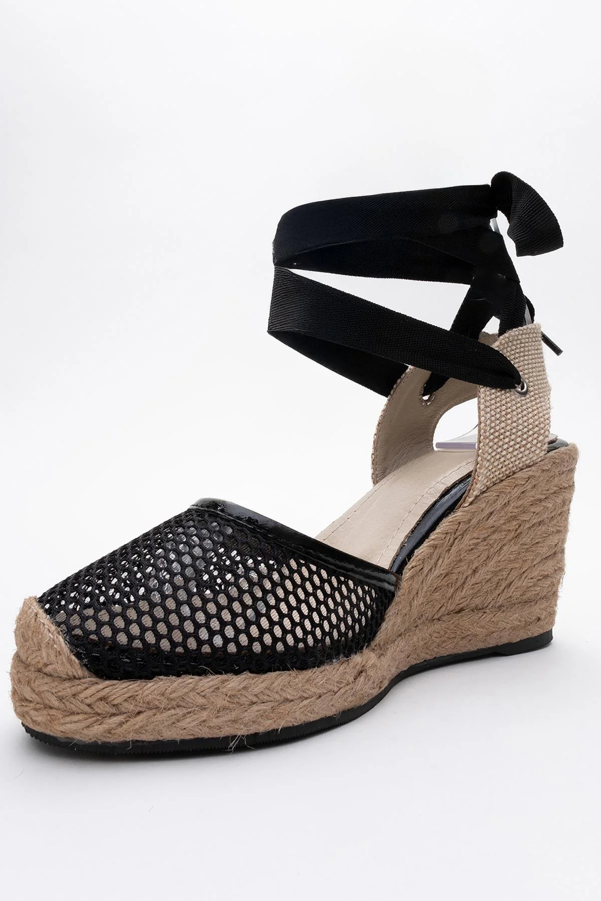 Lions - Black Mesh Leather Wedge Espadrilles Sandal (Women) - Image 4