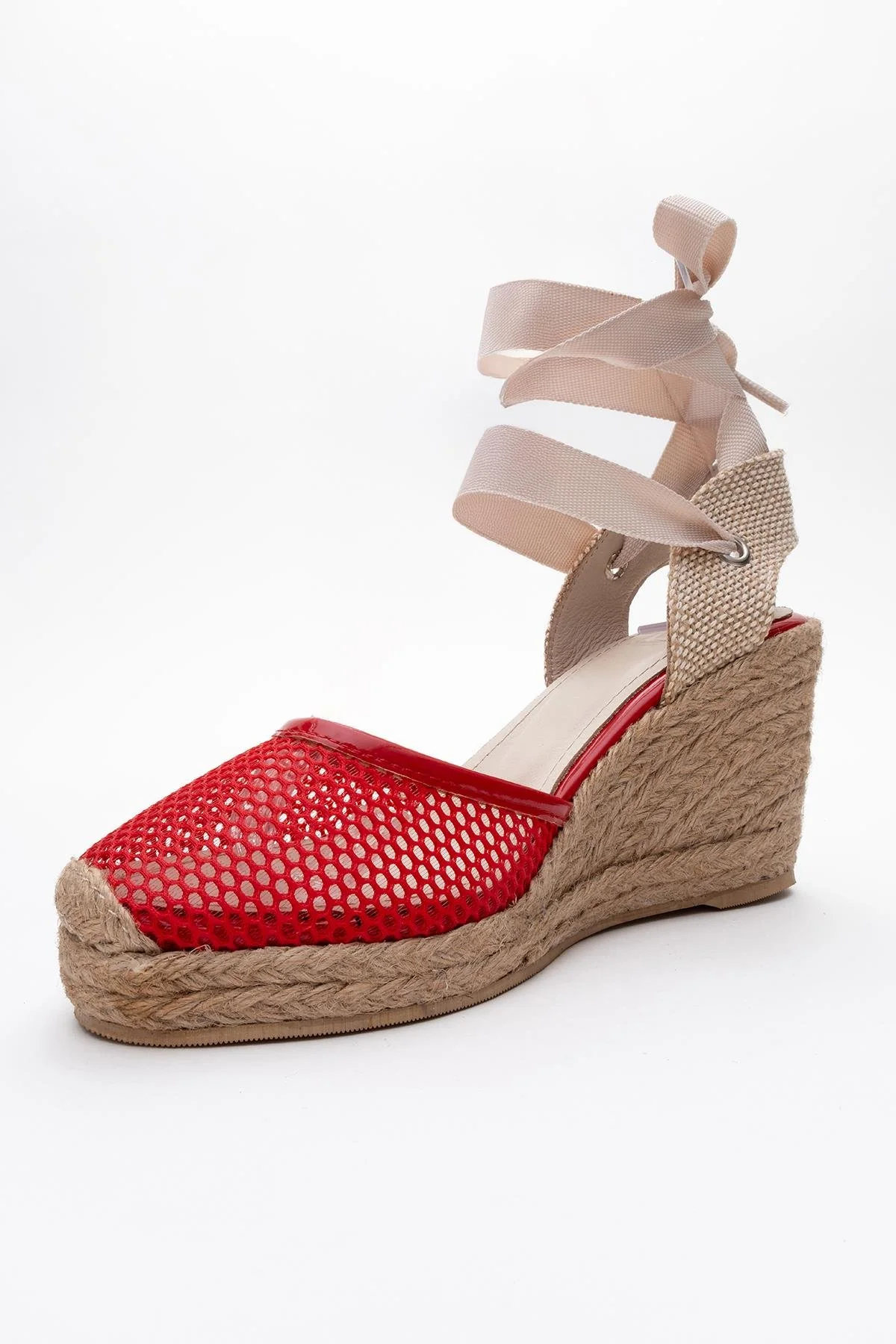 Lions - Red Mesh Leather Wedge Espadrilles Sandal (Women) - Image 3