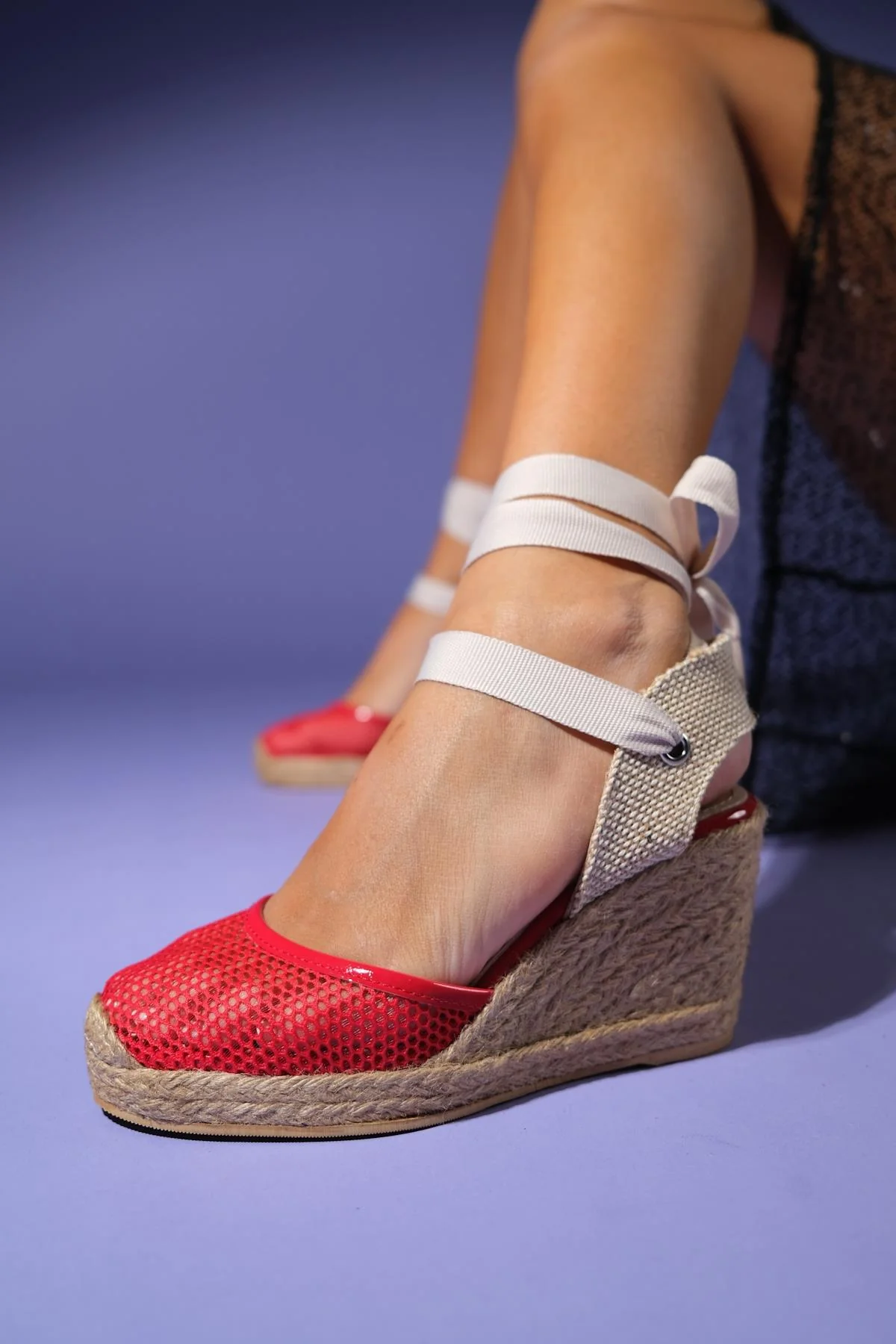Lions - Red Mesh Leather Wedge Espadrilles Sandal (Women) - Image 9