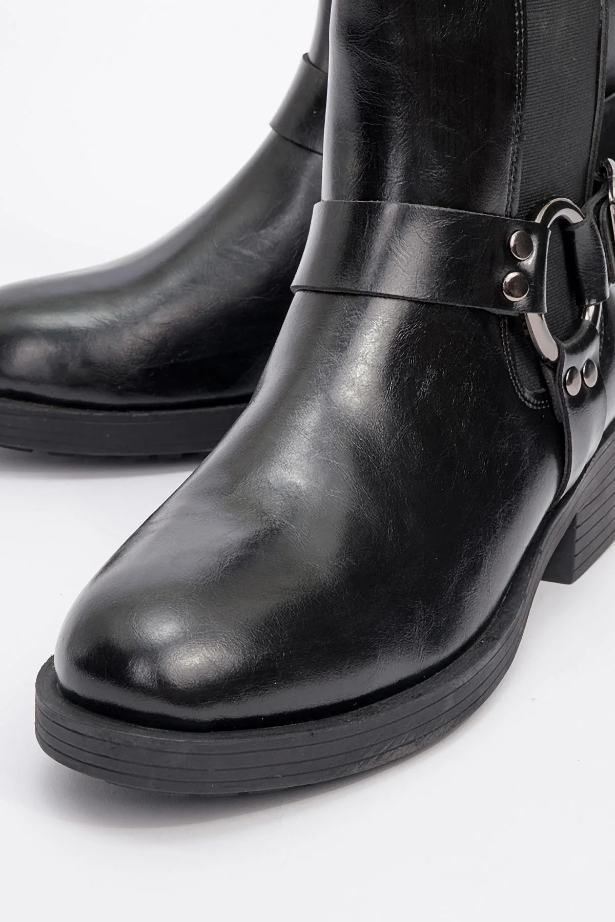 Stone - Black Flat Heel Buckle Elastic Zip Ankle Boot (Women) - Image 3